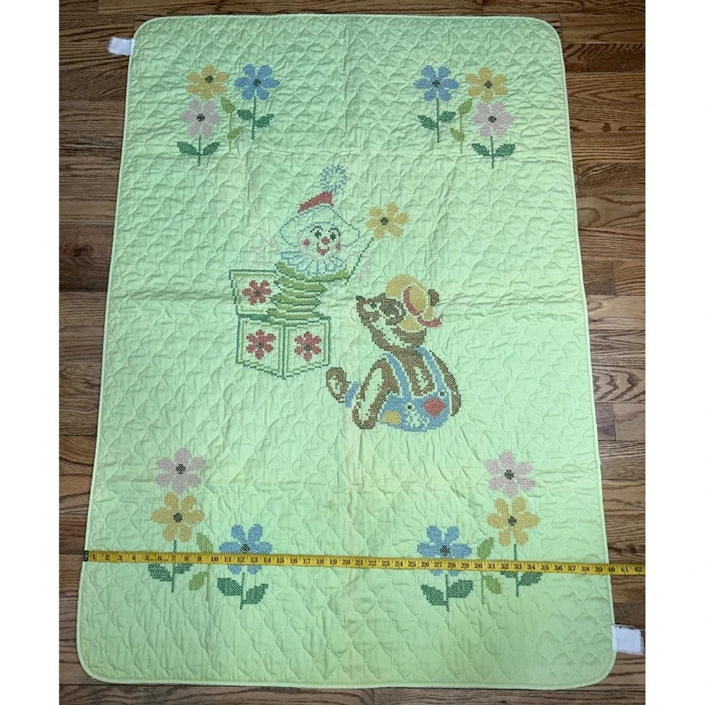 VTG Teddy Bear Jack In The Box Baby Crib Quilt Blanket Green Crossstitch 57